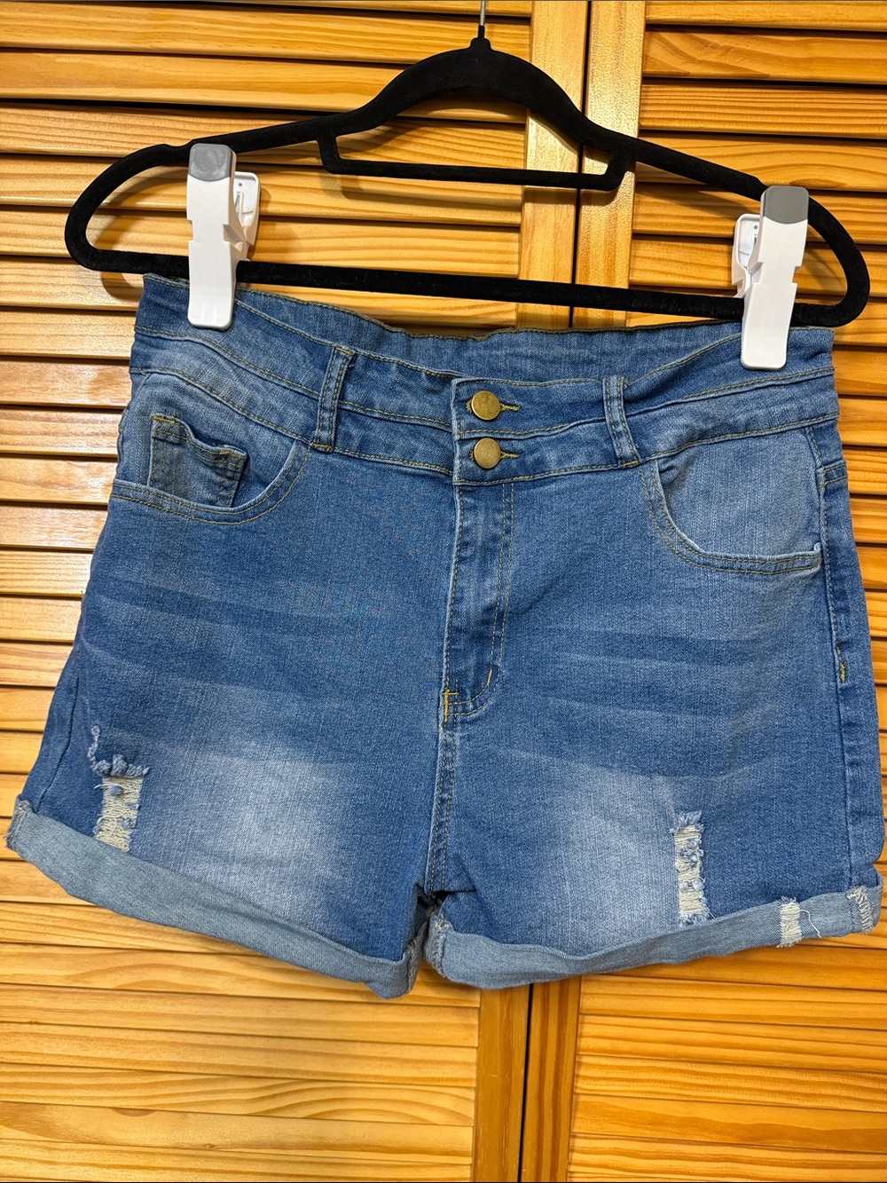 High-Rise Distressed Denim Jean Shorts - Medium Blue